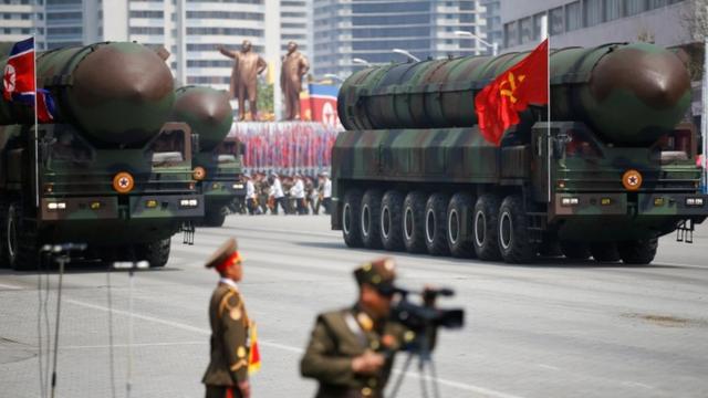A truck carrying what is likely to be a solid fuel ICBM in Pyongyang on 15 April 2017