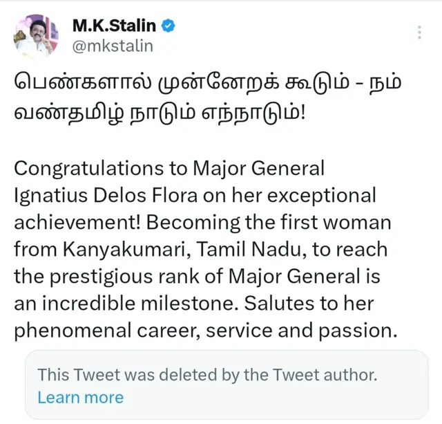 தமிழ்நாட்டிலிருந்து முப்படைகளுக்கு தலையான ராணுவத்தின் செவிலியர் பிரிவின் மேஜர் ஜெனரல் பதவிக்கு உயர்ந்திருக்கும் முதல் பெண் இக்னேசியஸ் டெலாஸ் புளோரா் ஆவார். 