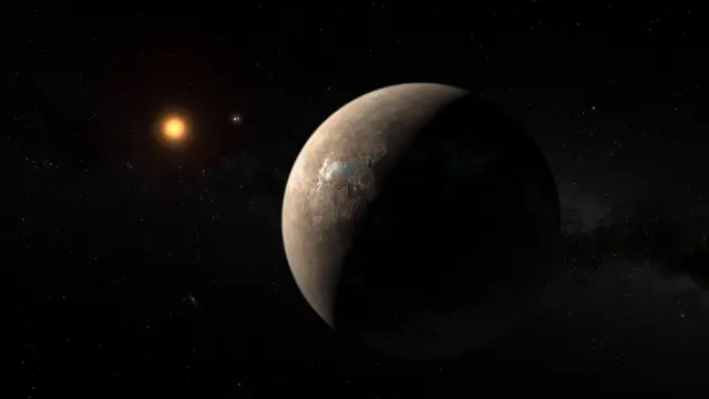 Impressão artística do planeta Proxima b, orbitando a estrela anã vermelha Proxima Centauri