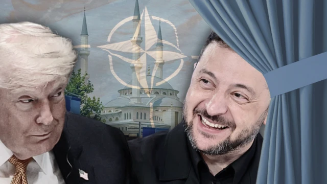 Колаж - Трамп і Зеленський на тлі Анкари і прапора НАТО, збоку штора