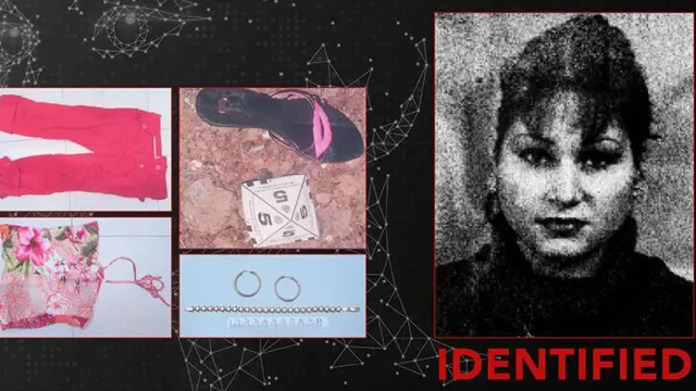 Un cartel con la imagen de Liudmila Zavada, con la leyenda 'La mujer de rosa' escrita encima, y ​​fotografías de prendas de vestir y joyas suyas.
