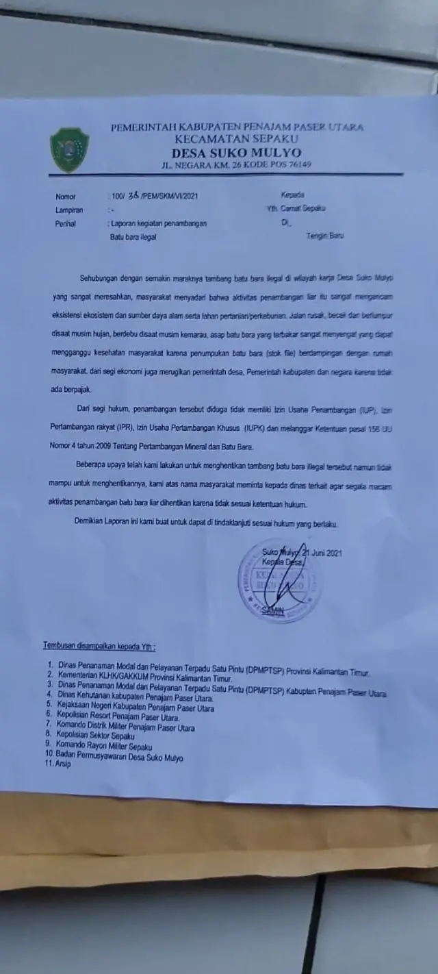 Salah satu surat pengaduan yang dikirim Samin soal tambang ilegal di kampungnya.