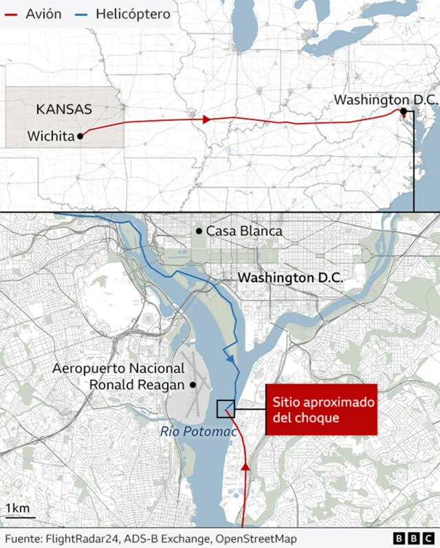 Gráfico con los mapas de la ruta que siguieron el avión y el helicóptero del accidente de Washington.