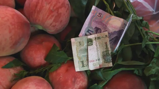 عملة اليوان الصينية على بعض ثمار الخوخ