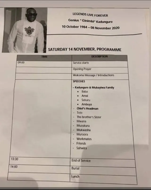 Ginimbi burial programme