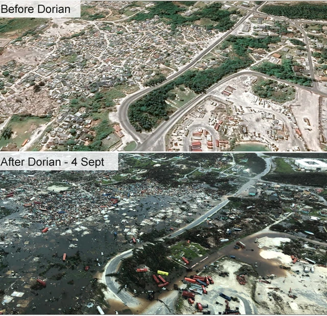 A before and after image showing destruction in the Marsh Harbour
