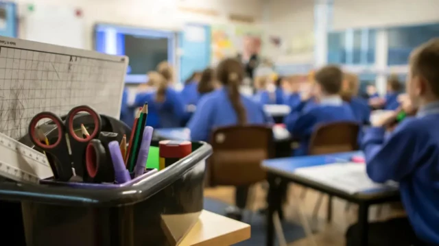 În prim-plan se vede o cutie de plastic cu rechizite școlare, inclusiv foarfecă, pixuri și o riglă, iar în fundal pot fi văzuți copii în sala de clasă.