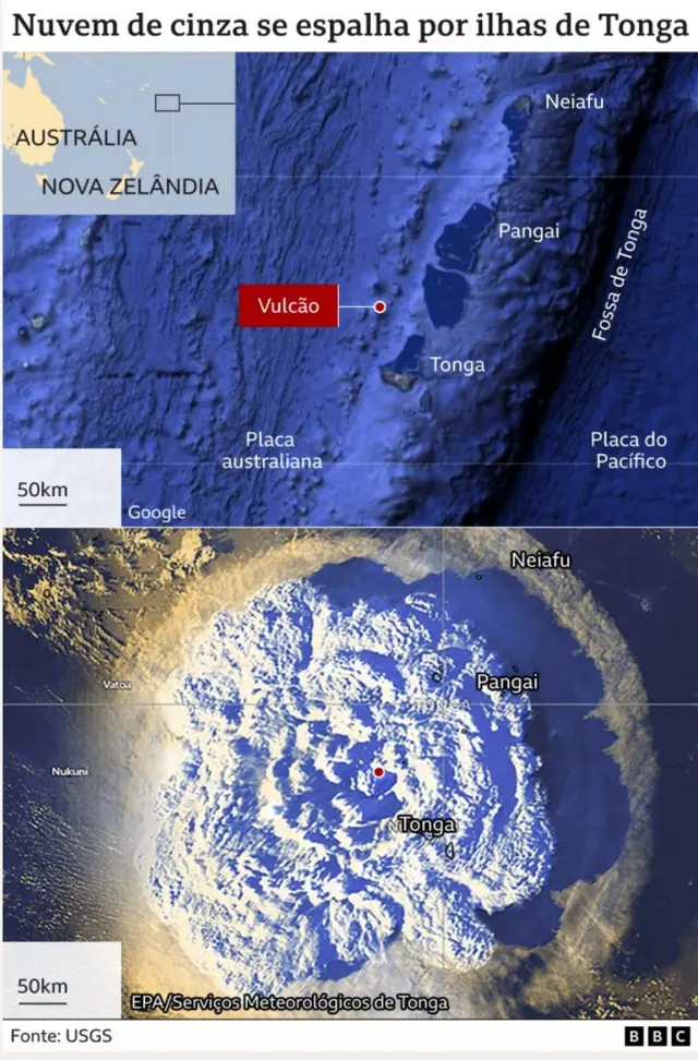 Mapa mostra nuvemaposta bingocinza se espalhando por ilhasaposta bingoTonga