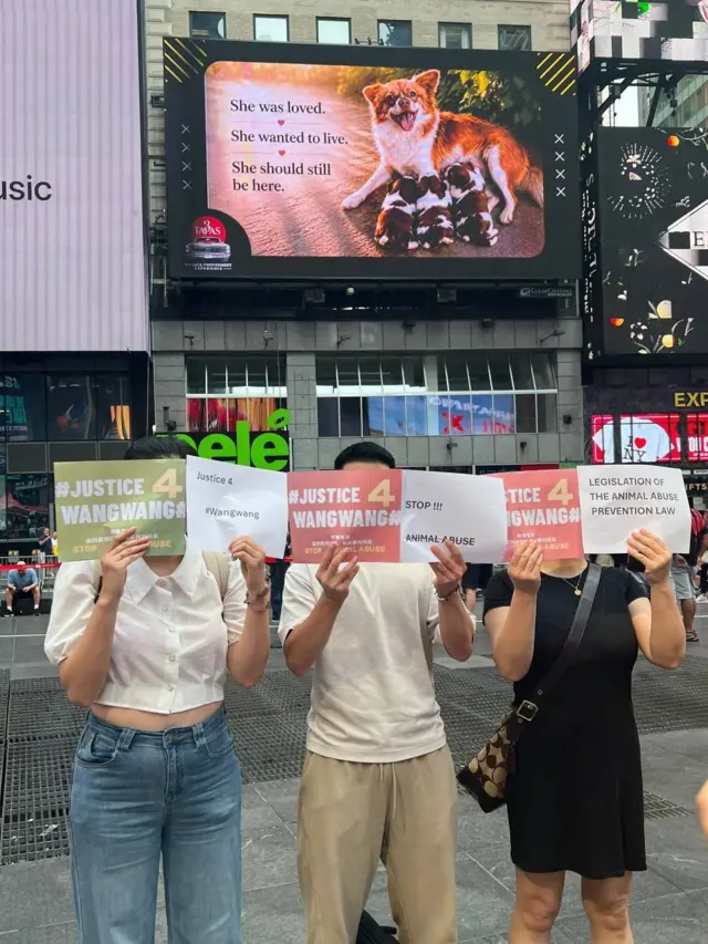 陳小姐在紐約時代廣場的屏幕廣告前拍照。