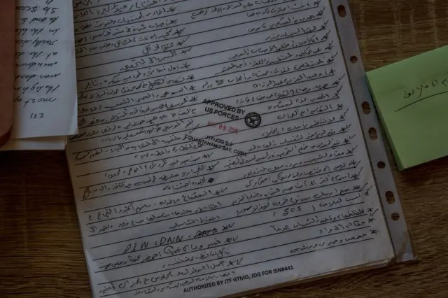 ان کی کتاب کا سرورق جس میں کتاب کے مندرجات درج تھے گوانتانامو میں ان کے وکیل کے ذریعے باہر بھیجا گیا۔