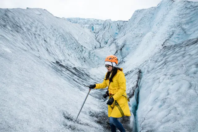 Woman dey Journey on di Iceland Nature of Stunning glacier landscape