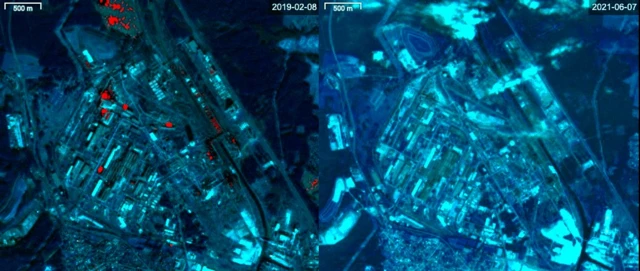 Les points rouges indiquent des températures élevées pendant les processus de fabrication, alors que la photo de droite montre une installation inactive.