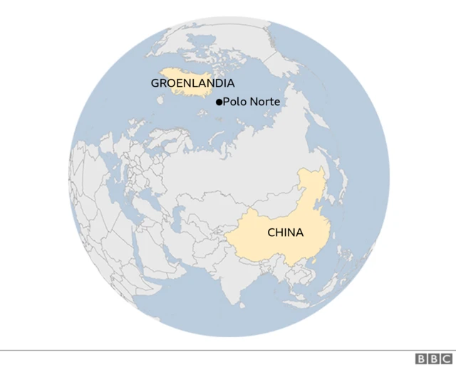 Mapa en el que se ve Groenlandia, China y el Polo Norte