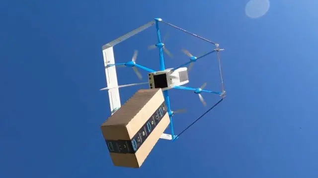 An Amazon Prime Air drone dropping off a box
