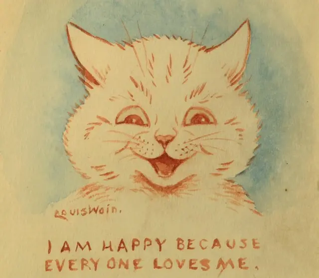 Власний кіт Уейна Пітер помер у віці 15 років 1898 року. Напис на картині: "Я щасливий, тому що всі люблять мене"