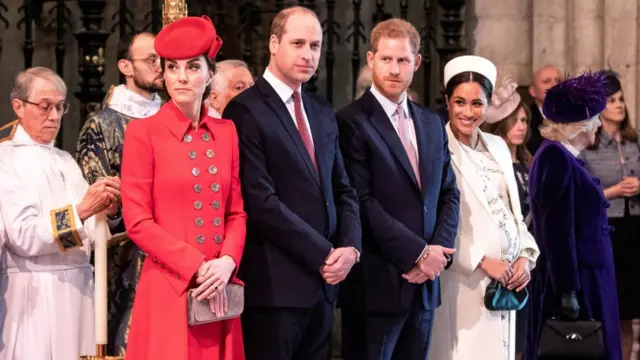 Prince Harry and Meghan, Duchess of Sussex, stand with Kate, Duchess of Cambridge, and Britain"s Prince William at Westminster Abbey for a Commonwealth Day service in London, Britain March 11, 2019.