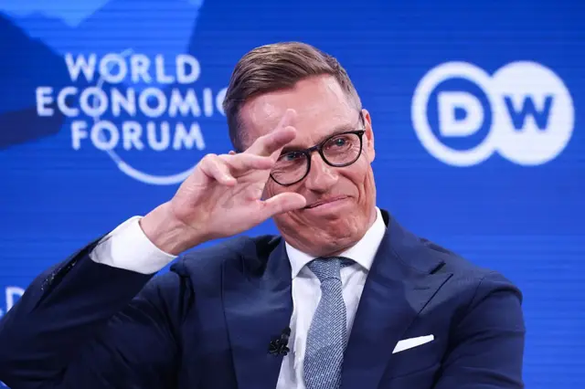 Finlandiya Cumhurbaşkanı Stubb, Davos'ta konuşma yaparken.