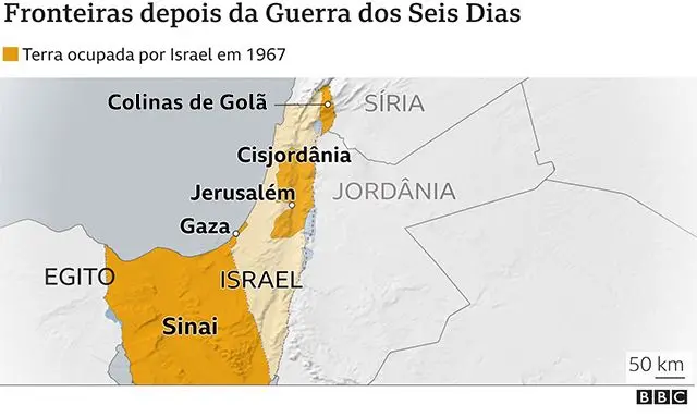 Mapa com fronteiras depois da Guerra dos Seis Dias