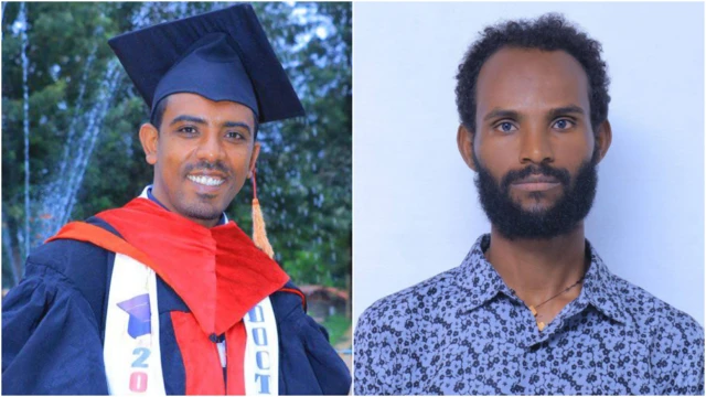 የጂንካ ጠቅላላ ሆስፒታል ሐኪም የሆኑት ዶ/ር ጌታሁን አብዩ የምርቃት ጋውን እና ቀይ ሪባን አድርገው ወደ ካሜራ ፈገግ ብለው ይታያሉ። በቀኝ በኩል በተቀመጠው ሁለተኛ ፎቶ ላይ ነርስ አማኑኤል ካሳ ወደ ምንም ስሜት በማይበት መልኩ ካሜራውን እየተመለከቱ ይታያሉ።