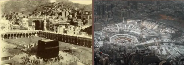 صورة تظهر الحرم المكي في القدم وفي العصر الحديث