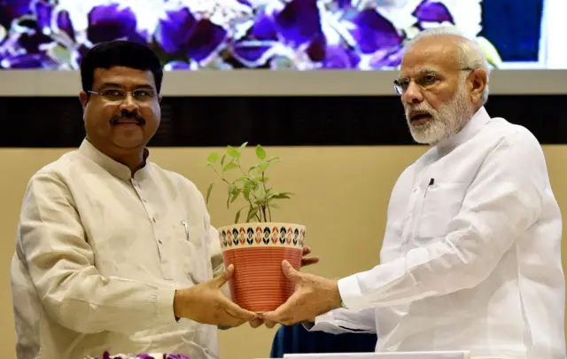 ধর্মেন্দ্র প্রধান ও নরেন্দ্র মোদী একটি টব ধরে আছেন যার মধ্যে একটি চারা গাছ