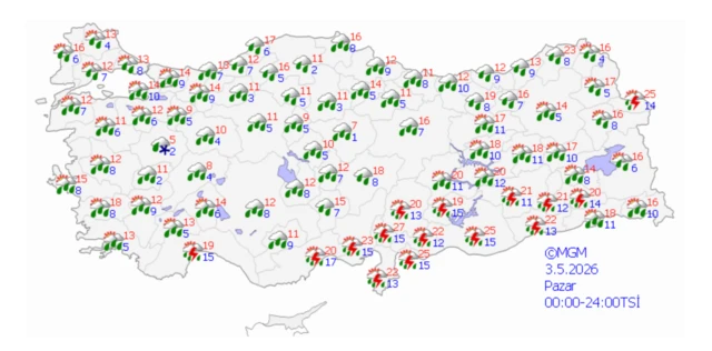 Türkiye haritasının tamamında yağmur bulutları var.