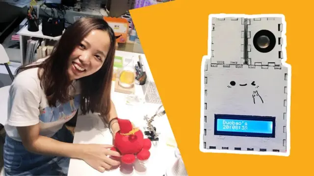 Lily and her clock that remembers birthdays.