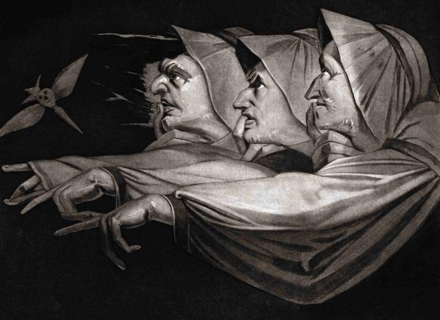 A 19th Century print by Swiss artist Henry Fuseli illustrating Act I, Scene I of Macbeth by WIlliam Shakespeare in which three witches cast a spell,