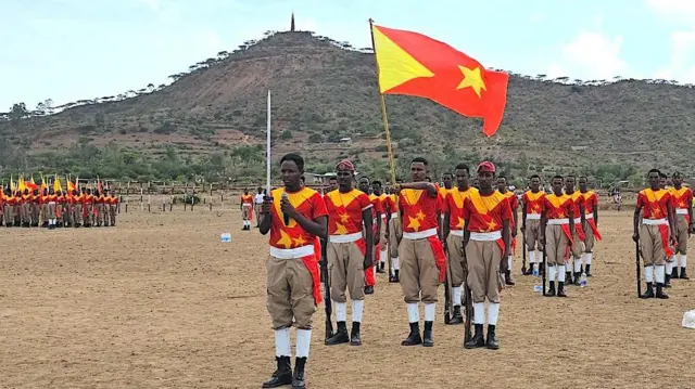 የትግራይ ክልል ባንዲራይ ይዘው የተሰለፉ የክልሉ ኃይሎች