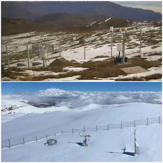 Colagem com fotos; em cima, área com pouca neve; embaixo, área repleta de neve