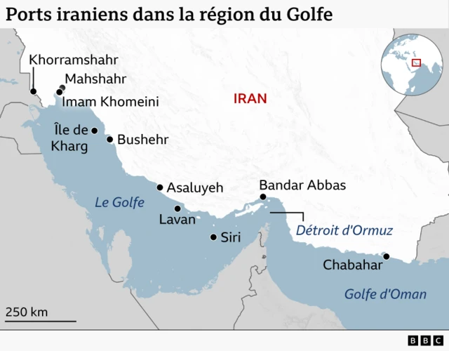 Une carte graphique montrant les ports de la côte iranienne.