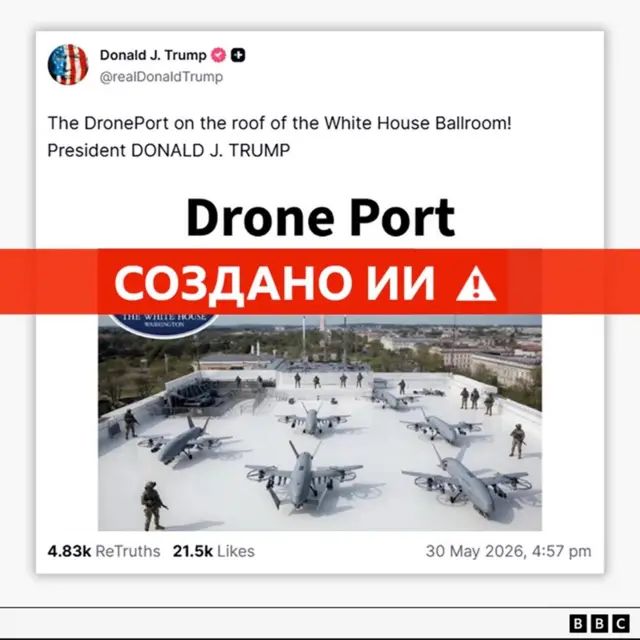 Пост президента Трампа в Truth Social, в котором представлено созданное с помощью ИИ изображение «DronePort» на крыше нового бального зала Белого дома, сопровождаемое текстом: «DronePort на крыше бального зала Белого дома! Президент Дональд Трамп».