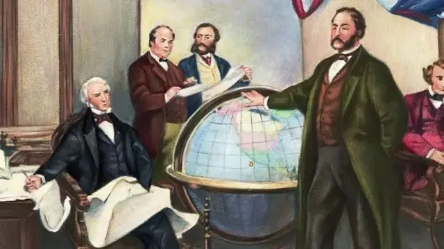 Pintura que muestra la firma del tratado entre EE.UU. y Rusia para la compra de Alaska.