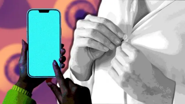 Qadın əlləri, düymələnmiş köynək və telefon