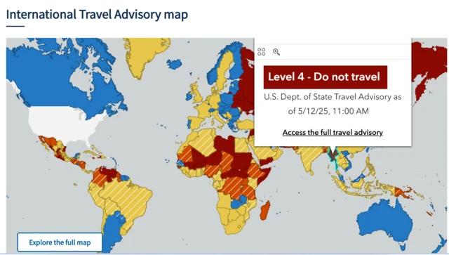 အမေရိကန်နိုင်ငံခြားရေးဝန်ကြီးဌာနက ထုတ်ပြန်တဲ့ အမေရိကန်နိုင်ငံသားတွေ ခရီးမသွားသင့်တဲ့ အမြင့်ဆုံး အနီရောင် အဆင့် ၄ သတ်မှတ်ချက် နိုင်ငံတွေထဲမှာ မြန်မာပါဝင်