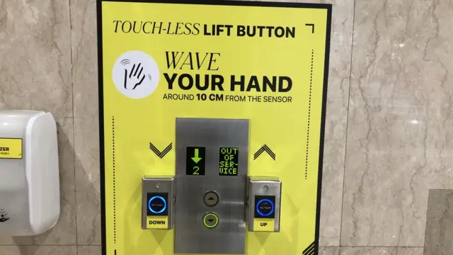 Tombol lift tanpa sentuh di Senayan City, covid-19, virus corona