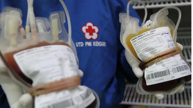 Petugas Unit Transfusi Darah PMI Kendari menunjukan kantong darah milik keluarga pasien di Kantor PMI Kendari di Kendari, Sulawesi Tenggara, Senin (30/03)