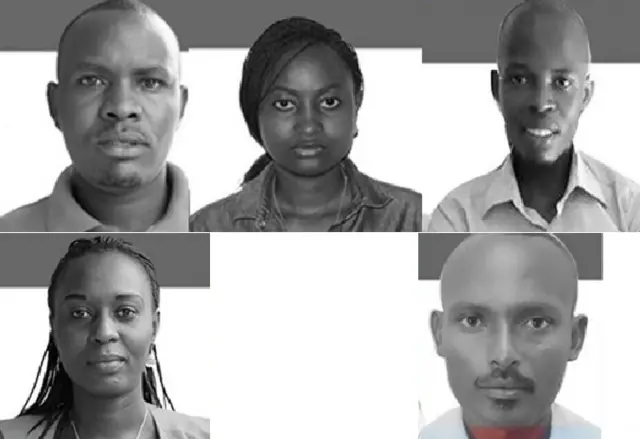 Hejuru uhereye i bubamfu; Térence Mpozenzi, Agnès Ndirubusa Egide Harerimana. Hasi: Christine Kamikazi n'umushoferi wabo Adolphe Masabarakiza baracyapfunze