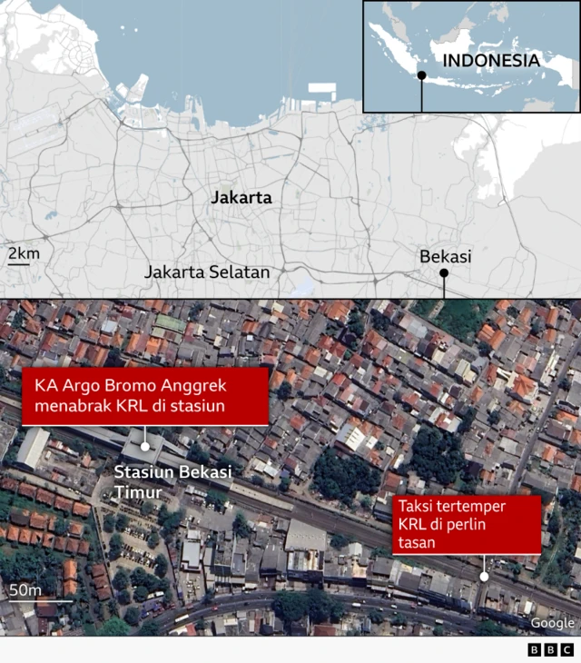 Peta insiden tabrakan kereta di Bekasi Timur.