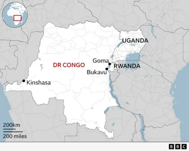 Ikarita ya DR Congo, igaragaza n'u Rwanda na Uganda
