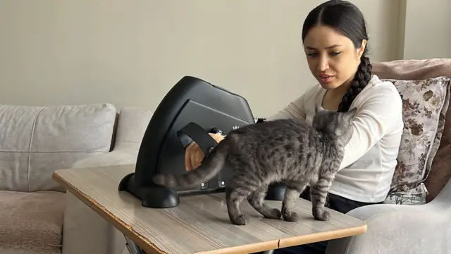 Mutlu Kaya kedisi ve spor aletiyle