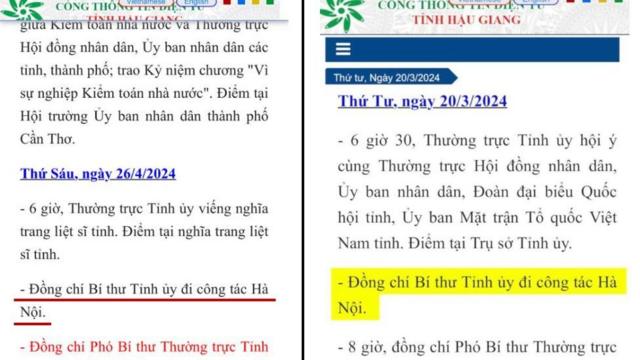 Lịch làm việc tỉnh ủy Hậu Giang