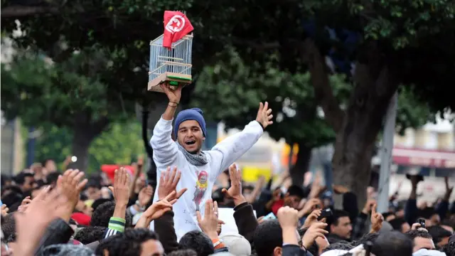 من مظاهرة 14 يناير 2011 أمام مقر وزراة الداخلية التونسية قبل ساعات من خروج الرئيس السابق بن علي من تونس