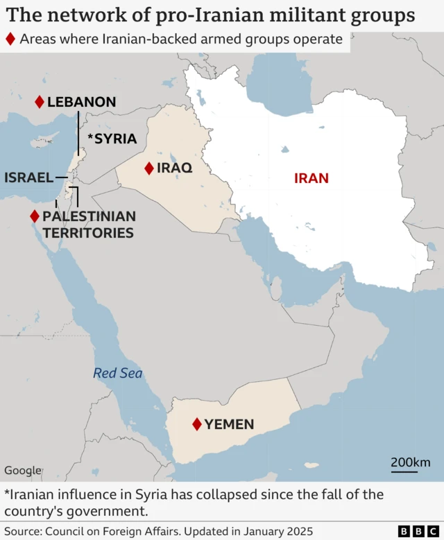 A map of the Middle East showing countries influenced by Iran
