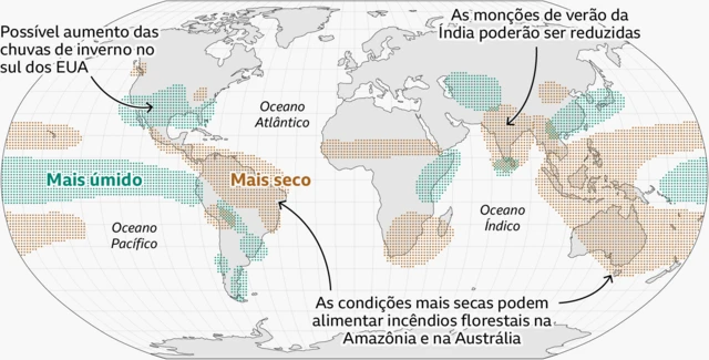 Mapa-múndi mostrando os efeitos do El Niño