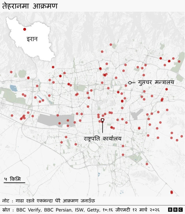 तेहरानमा आक्रमण भएका स्थानको नक्सा
