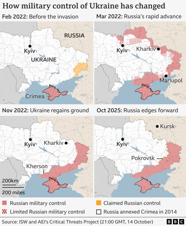 Na dis one be series of four maps wey dey show how Russia take dey control Ukraine from Feb 2022 go reach August 2025.
Feb 2022: Russia no dey control anytin.
Mar 2022: Russia rush enter quickly, areas wey dey red mean say dem dey control am, red stripes mean say dem dey kind of control am.
Nov 2022: Ukraine collect some land back; area wey Russia control reduce.
Oct 2025: Russia dey push forward small small; area wey dem control don increase again.
Di maps show important cities like Kyiv, Kharkiv, Mariupol, Kherson, Kursk, and Pokrovsk. Dem draw line for Crimea with black, to show say Russia don carry am since 2014. Source: ISW