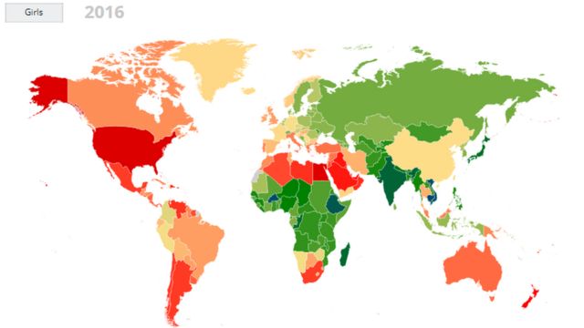 女子の肥満率を国ごとに色分けした。肥満率が最も高い国は赤で表示され、オレンジ色、黄色と続く。緑色と青の国では、肥満の人は未成年人口の5％以下（2016年時点）
