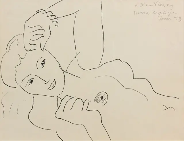 Grabado de rostro y torso desnudo, reclinado, de una mujer