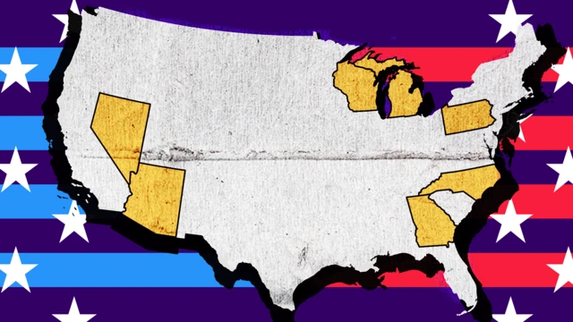 Arte mostrando o mapa dos Estados Unidos destacando os sete Estados que poderão decidir a eleição presidencial americanabets sports apostas2024